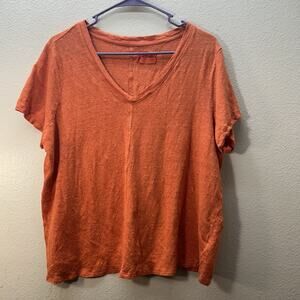 Sigrid Olsen 100% Linen Top Orange Short Sleeve Shirt Sz Large V Neck Minimalist